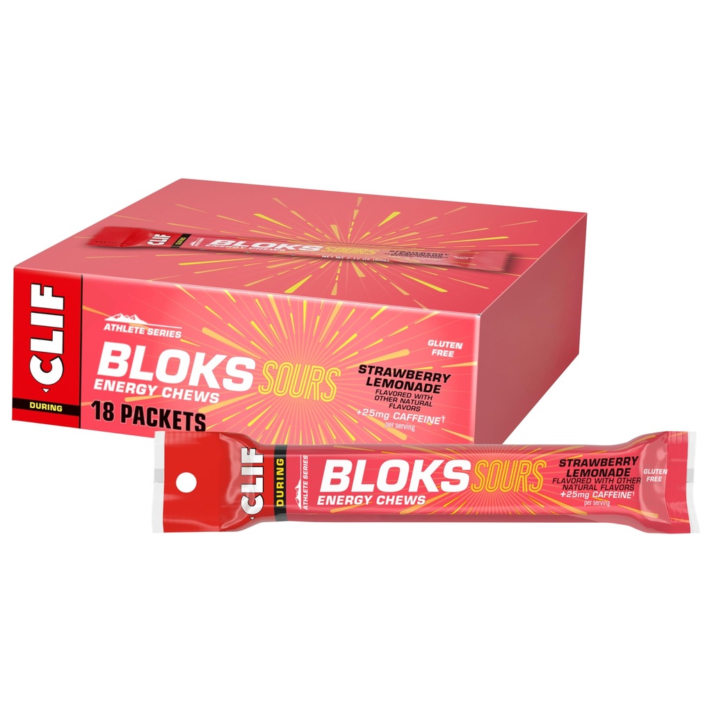 Clif Bloks Sours - Strawberry Lemonade Flavor med koffein - Energi Chews - Ikke-GMO - Plant Basert - Rask brensel for sykling og løping - Hurtige karbohydrater og elektrolytter - 2,12 oz.