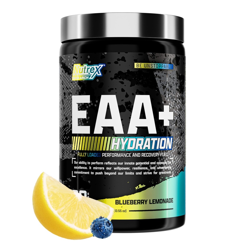 Nutrex forskning EAA hydrasjon EAA + BCAA pulver | Muskelgjenvinning, styrke, muskelbygging, utholdenhet | 8G essensielle Aminosyrer + elektrolytter | Blueberry lemonade 30 serveringer