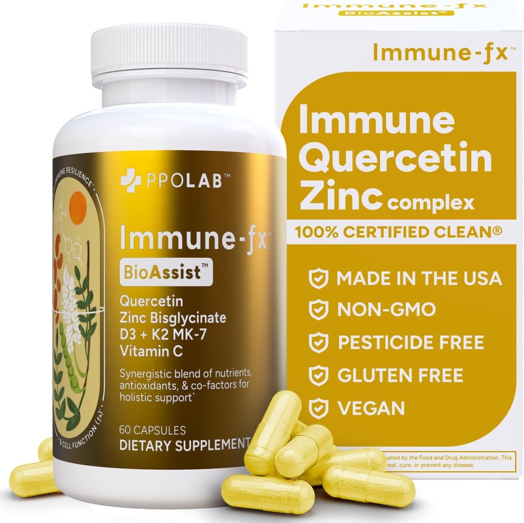 Immun-fxTM Advanced Chelated Zinc Ionophore Immune Support & Allergi Helse Supplement, Quercetin 500mg, Antioksidant Vitamin C, D3, K2 MK7, fremmer DNA, hjerte, Lung, Sinus Helse, 60 Vegan Kapsler