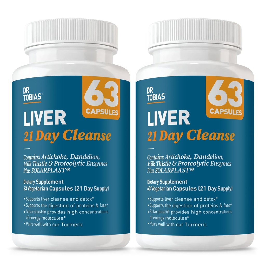 Dr. Tobias Liver 21 Day Cleanse, Herbal Liver Detox Cleanse med Solarplast, Artichoke Extract, Melk Thistle, Dandelion Extract & Digestive Enzymer, 63 Grønnsaker Kapsler, 3 Daily, Pakke med 2