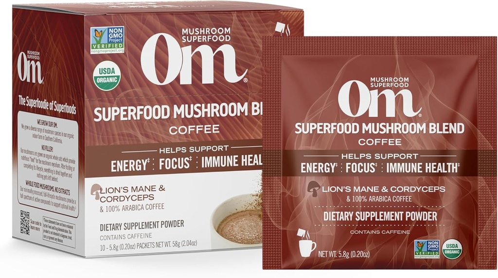 OM MUSHROOM SUPERFOOD Kaffeblanding - Organic Arabica med Lions Mane, Cordyceps, Reishi, Tyrkia Tail & Ginkgo Biloba - støtter energi, fokus og mental klarhet - Single Serve Pack (10 greve)