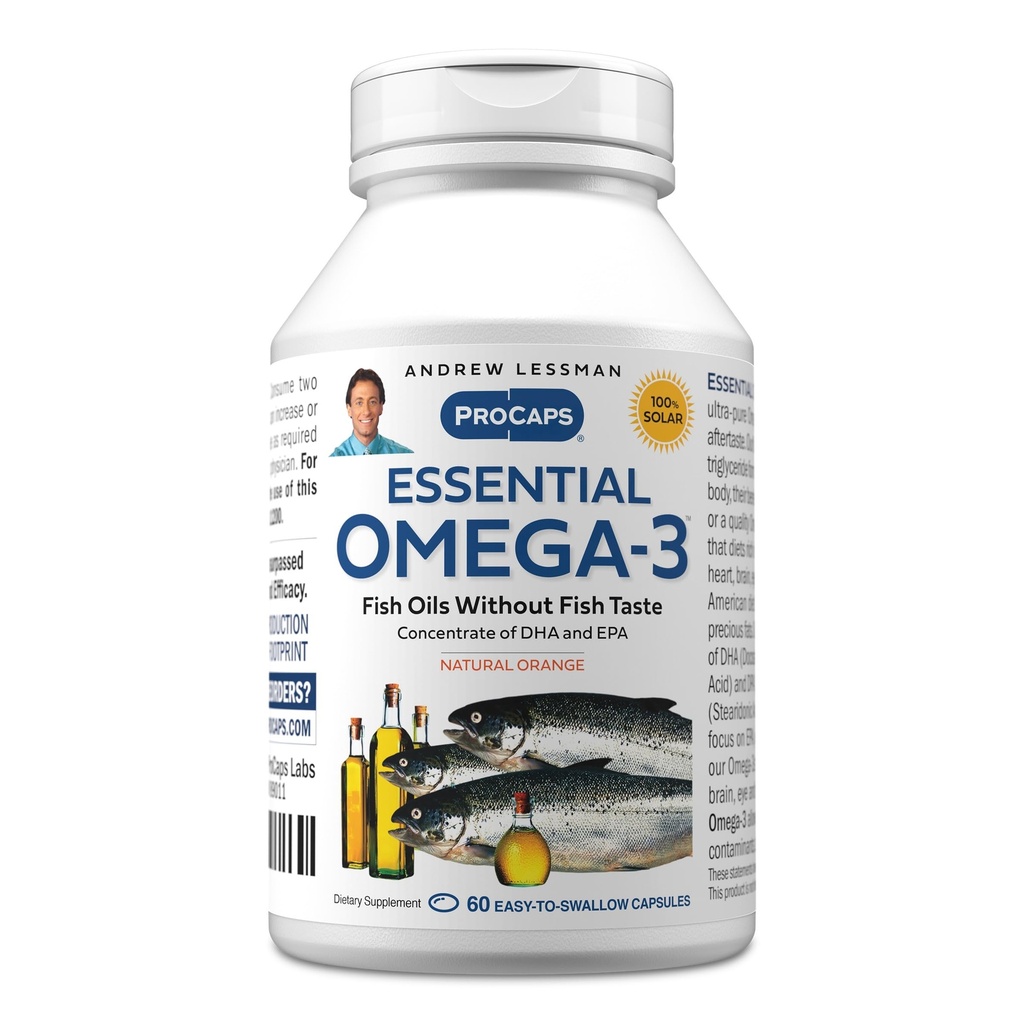 ANDREW LESSMAN Essential Omega-3 Orange - 60 Softgels - Ultra-Pure, høy potens Omega-3 oljer. Høy DHA, ingen mage-upset, ingen kontaminanter, ingen Mercury. Små lett å svelge Softgels