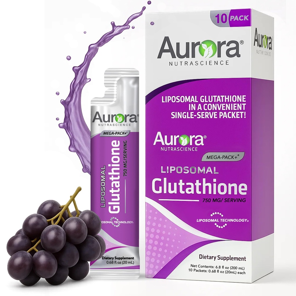 Aurora Nutrascience Mega-Liposomal flytende glutathion, immun- og antioksidant Gut helsestøtte Supplement, 750 mg per servering, ikke-GMO, sukker-fri, 10 enkelt servere pakker