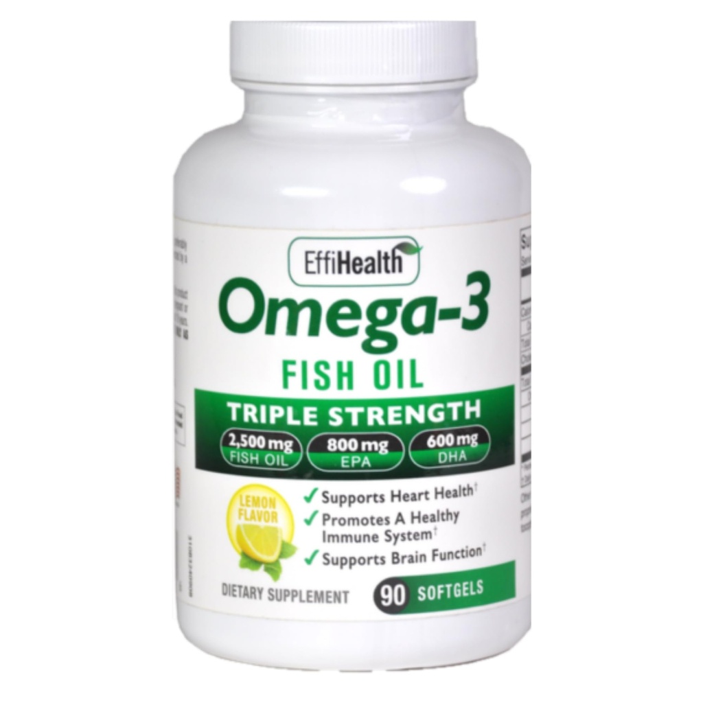 EffiHealth Omega-3 Fish Oil - Triple Styrke 2500mg Fish Oil, 1200mg EPA, 600mg DHA - Støtter Hearth Helse, Helse helse og immunstøtte - Lemon Flavor, Burpless Fish Oil