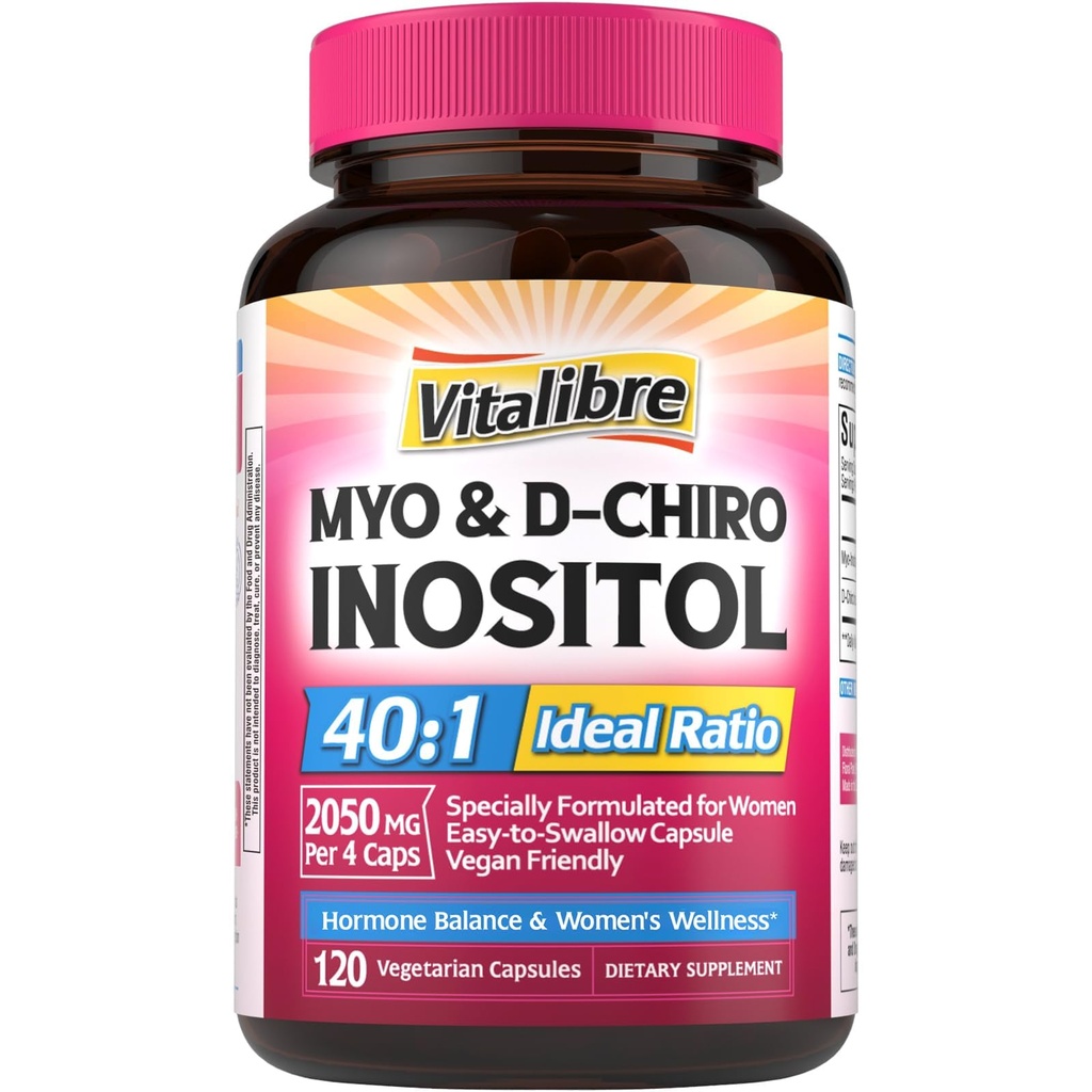 Inositol Supplement, Myo-Inositol & D-Chiro Inositol Fertilitet Kosttilskudd for kvinner, 40:1 Ideell forhold, hormonbalanse og ovarian støtte, 120 Vegan Kapsler