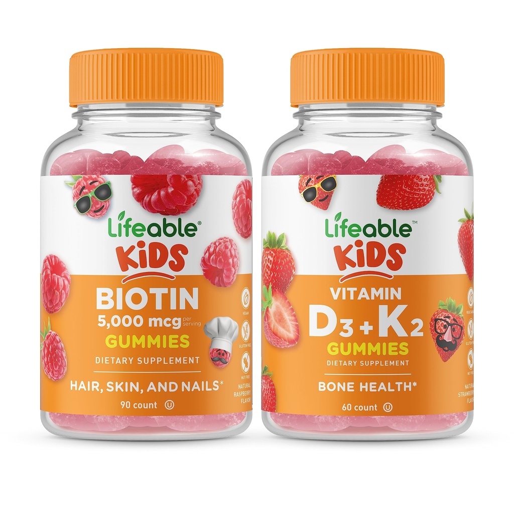 Livbar Biotin Kids + vitamin D3 + vitamin K2 Kids, Gummier Bundle - Great Tasting, vitamin Supplement, Glutenfri, GMO Gratis, Chewable Gummy