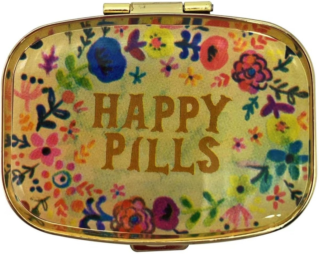 Happy Pills Pill Organizer Søt Metal Pill Veske Reisevennlig Portable Compact Pill Box Pill Container til å holde Tylenol/Vitaminer/Fish Oil/Supplements/Meds/Tablet for Purse/Pocket