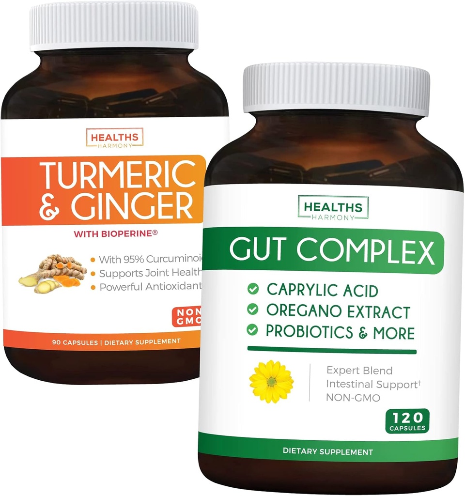 Lagre $11 (23% Av) - Gut Balance Bundle - Gut Kompleks med Caprylsyre for balansert Gut Helse & Probiotic Support (120 Kapsler) & Turmeric & Ginger med 95% Curcuminoids & Bioperine (90 Kapsler)