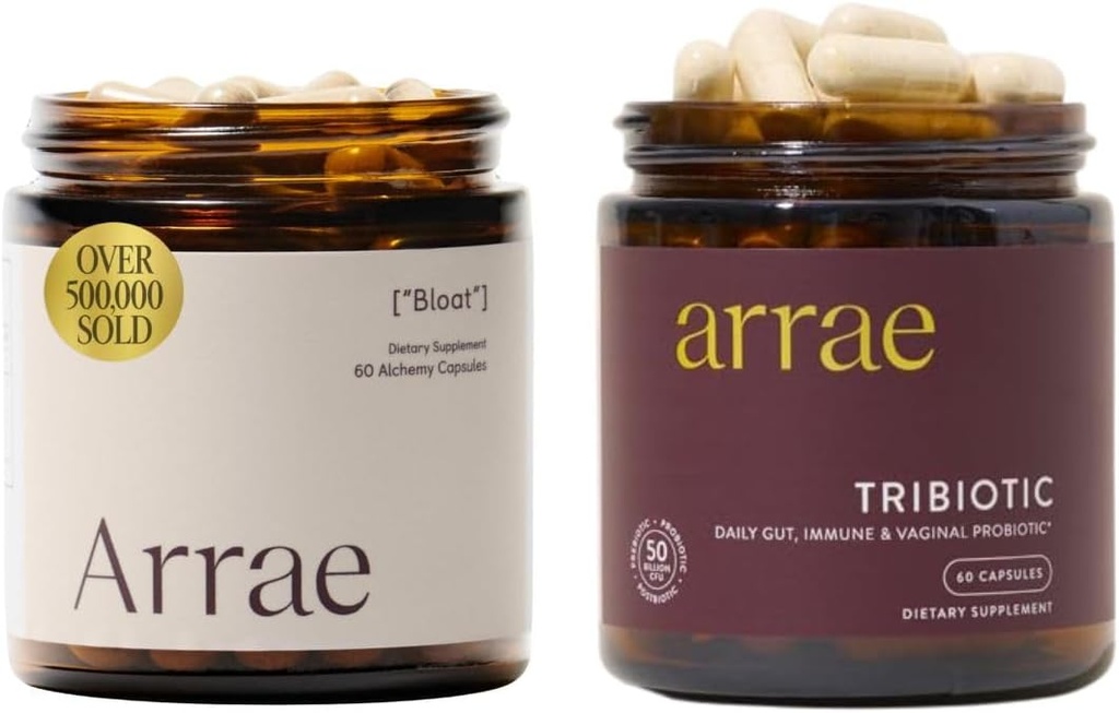 Arrae Bloat + Tribiotic Bundle, Bloating Relief Digestive Enzymer, Gas & Indigestion Relief, Probiotika for kvinner, Støtte for Vaginal pH Balance, Immune og Feminin Helse, 60 kapsler Hver