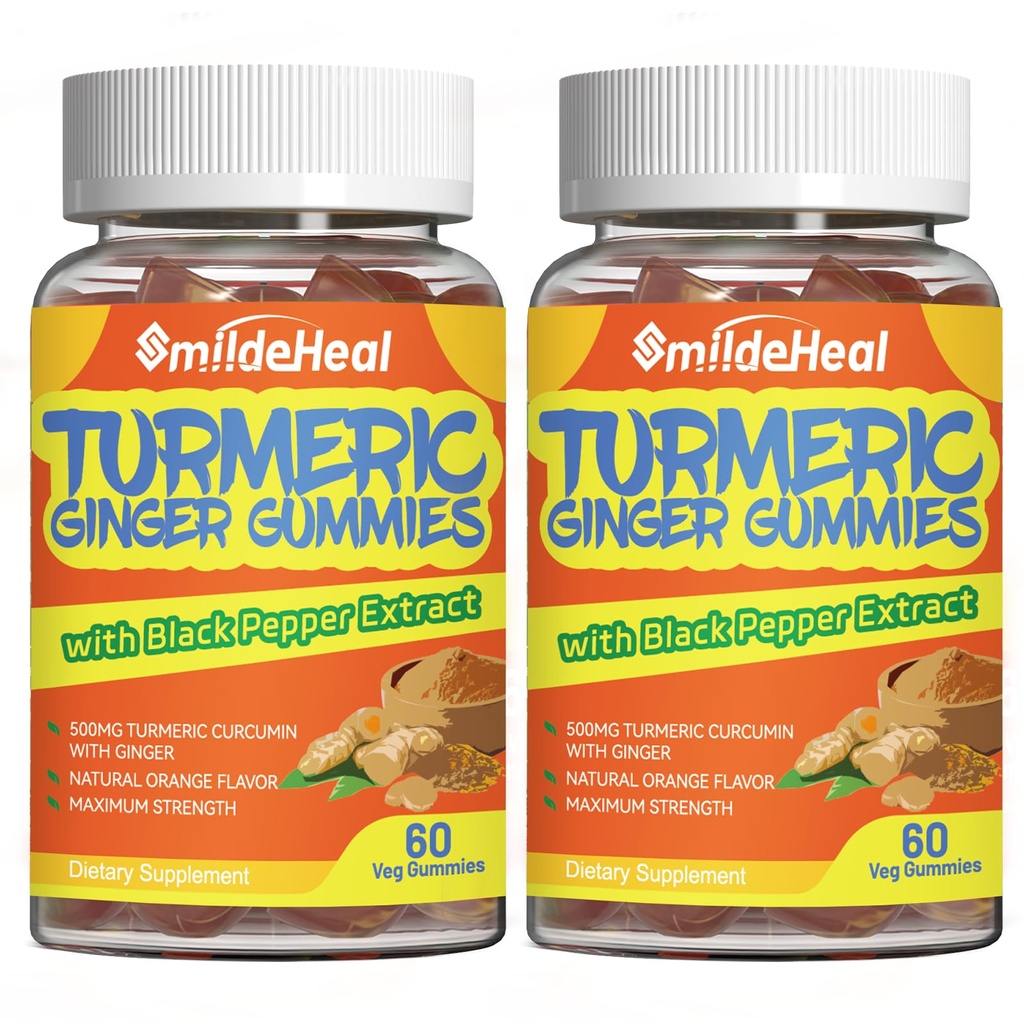 Turmerisk curcumin Gummies 500mg, med gurkemeie rotekstrakt, gingerrot, svart pepperekstrakt, antioksidant støtte, orange flavor gummies, 60 count (Pack of 2)