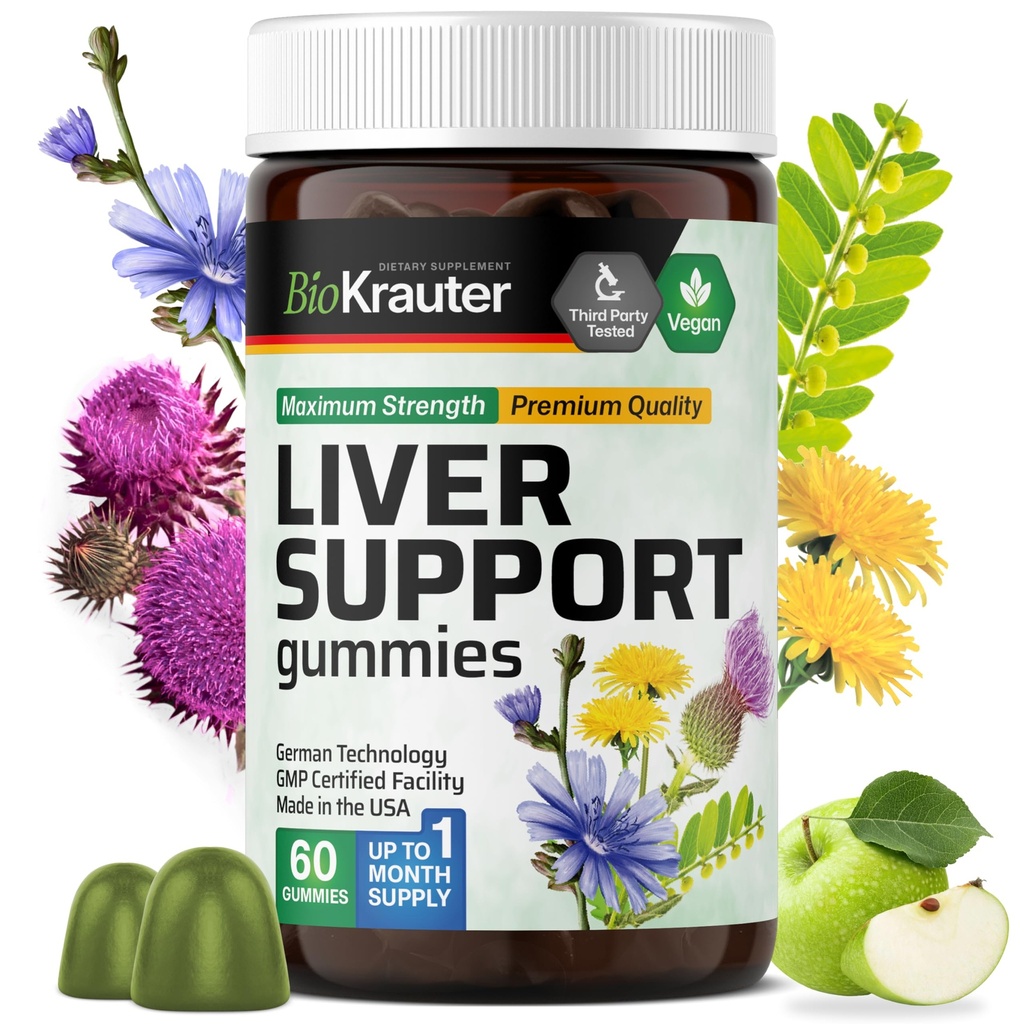 BIO KRAUTER Liver Supplement Gummies - 60 Vegan Chews m/Milk Thistle, Dandelion Root for Liver Cleanse & Detox - 80% Silymarin