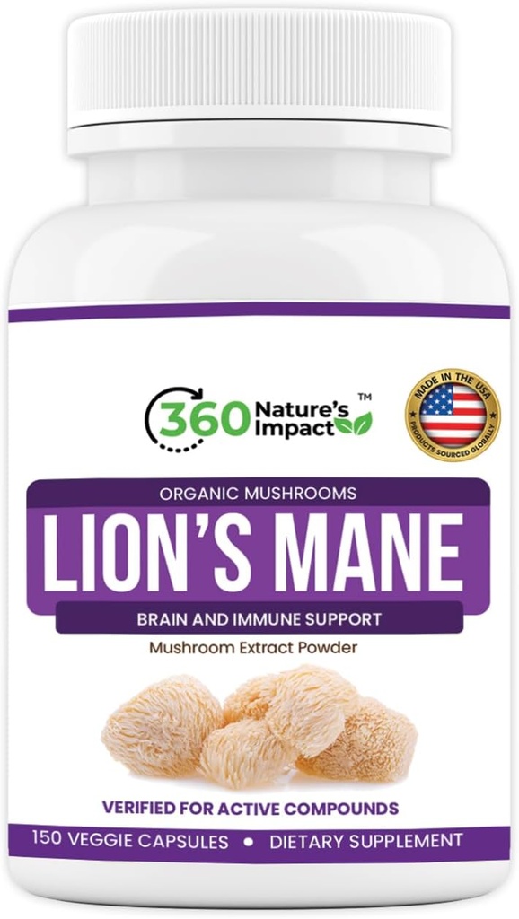 360 Naturens effekt Lions Mane Mushroom Supplement Kapsler (150 kapsler) for hjerne helse støtte Supplement, organisk Supplement med Beta-Glucans & Hypromellose for kognitivt system