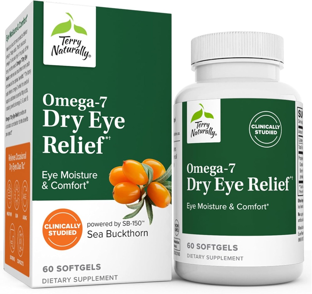 Terry Naturally Omega-7 Dry Eye Relief - 60 Softgels - Øyebevegelse og komfort - Ikke-GMO, Glutenfri - 60 Services