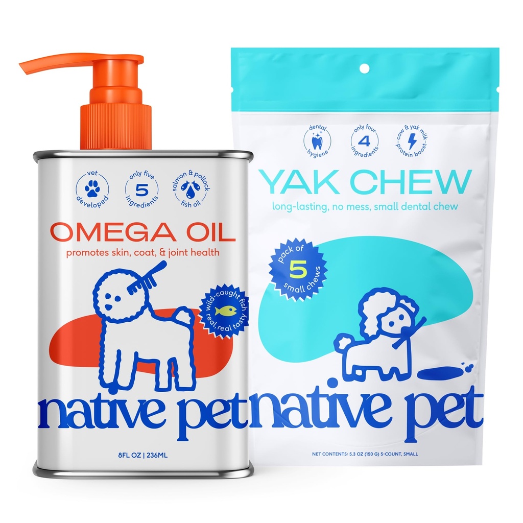 Native Kjæledyr Omega olje for hunder - Fish Oil Supplements 8 Oz & 5 små Yak Chews for hunder