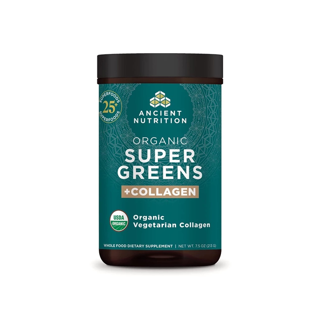 Gamle Ernæring Supergreens pulver, økologisk supermat pulver med kollagen, laget av ekte frukter, grønnsaker og urter, for digestiv og energi støtte, 25 serveringer, 7,5 oz
