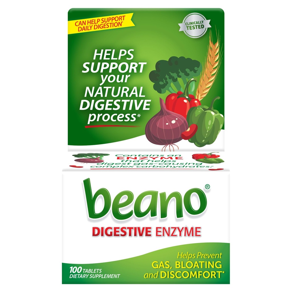 Beano Digestive Enzyme, Forebyggende gass relief for voksne, bidrar til å hindre gass og blomstring, 100 tabletter