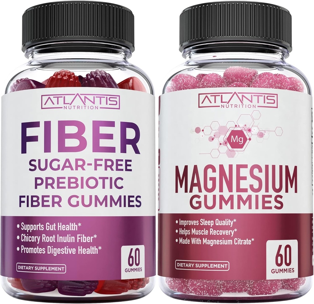 Atlantis Næringssukker Gratis Prebiotiske Fiber Gummier for voksne 2-Pack (120 Gummies) + Magnesium Gummies - 770 MG Magnesium Citrat 60 Gummies