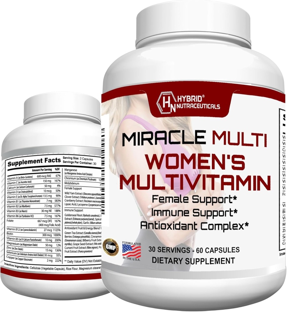 MiracleMulti Multivitamin for kvinner - Kvinnestøtte Formula, Immunstøtte, Mineraler, Biotin, Antioksidanter og supermatblanding – 60 kapsler