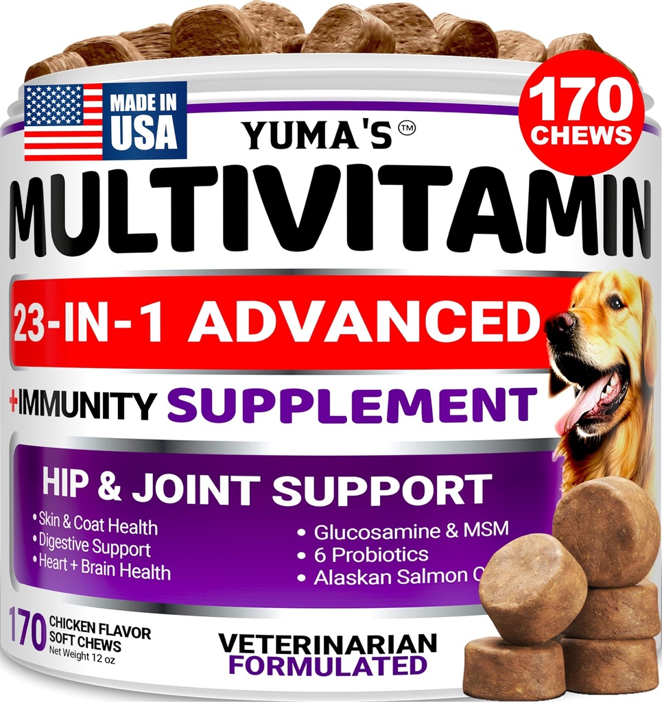 Hunde multivitamin Chewable med glukosamin - Hundevitaminer og kosttilskudd - 170 behandlinger - Senior & valp multivitamin for hunder - Hip & felles støtte - Immunhelse, Hud, hjerte, digestion, probiotika