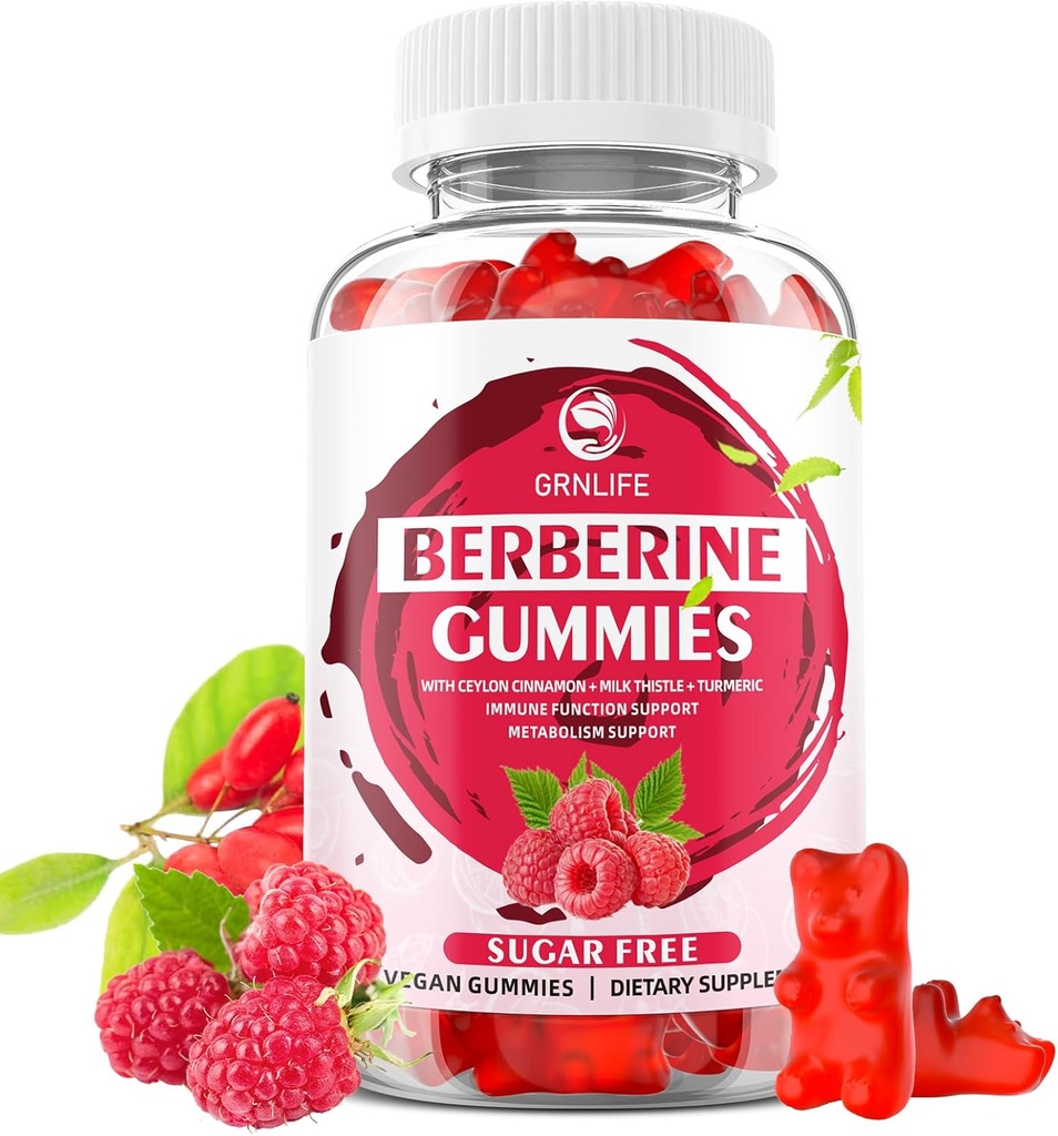 Berberine Gummies med Ceylon kanel 1500 mg høy potens Berberine HCL Supplement for immun og metabolisme støtte, sukker gratis, bringebær flavor - 60 greve