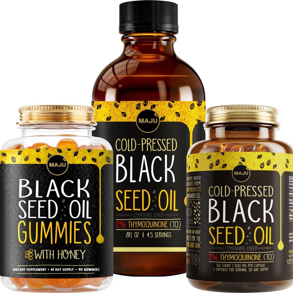 Maju Superfoods Svart Seed Oil 3-i-1 Bundle, Gummies, Kapsler, & Flytende