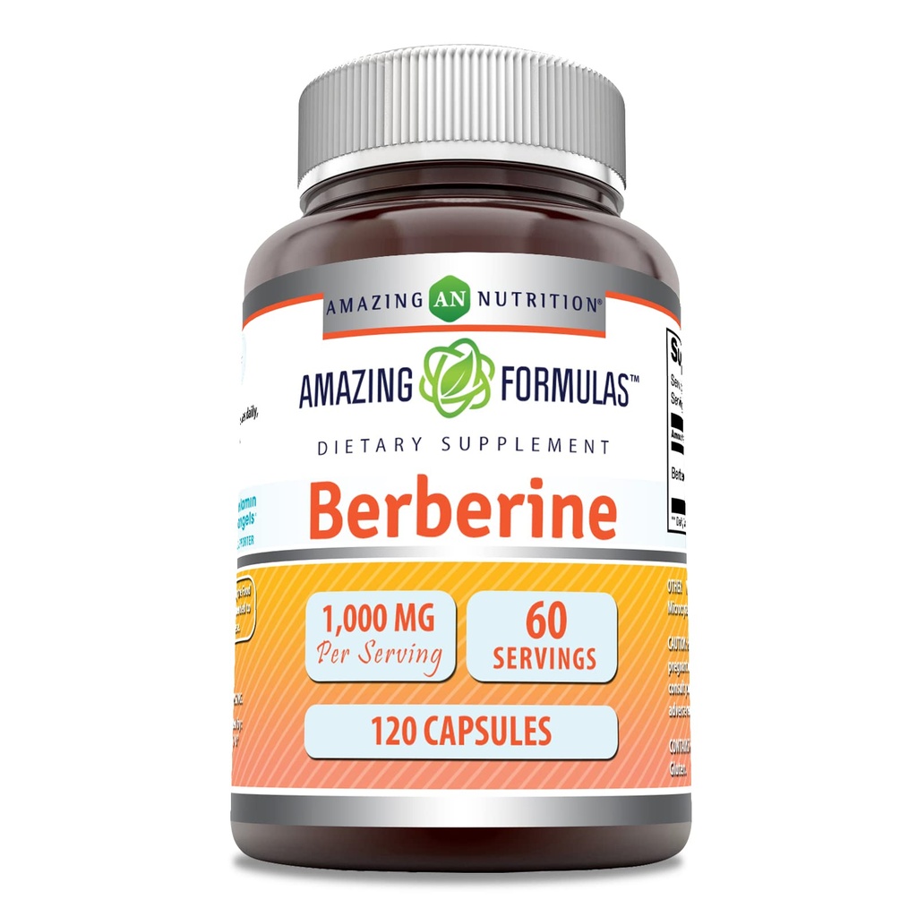 Amazing Formler Berberine 1000mg Per servering 120 kapsler Supplement | Ikke GMO | Glutenfri | Laget i USA