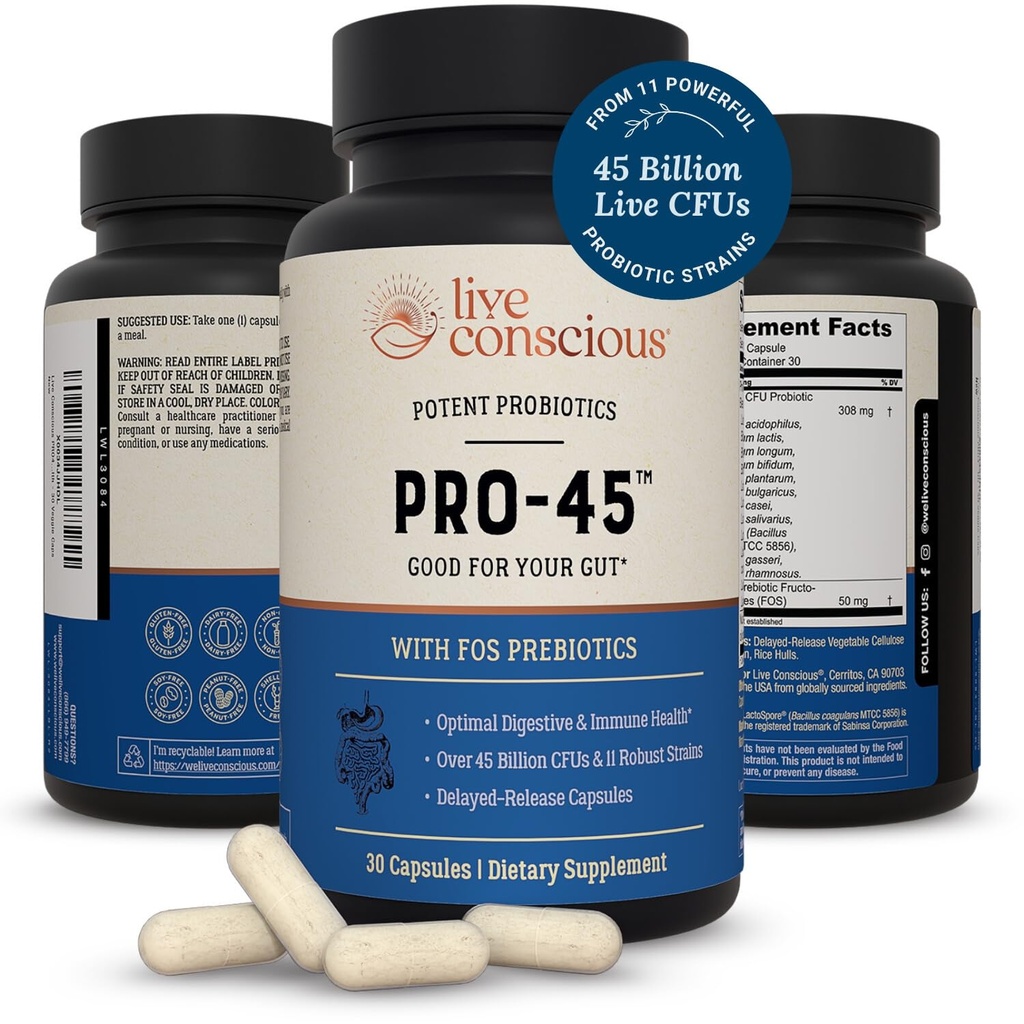 Levende bevisst PRO45 Probiotika for kvinner og menn: Omfattende Formula, 45 milliarder CFU, 11 Strains, Dairy Free - m/Prebiotika og Probiotika - fremmer immun- og gut helse - 30 Veggie Caps