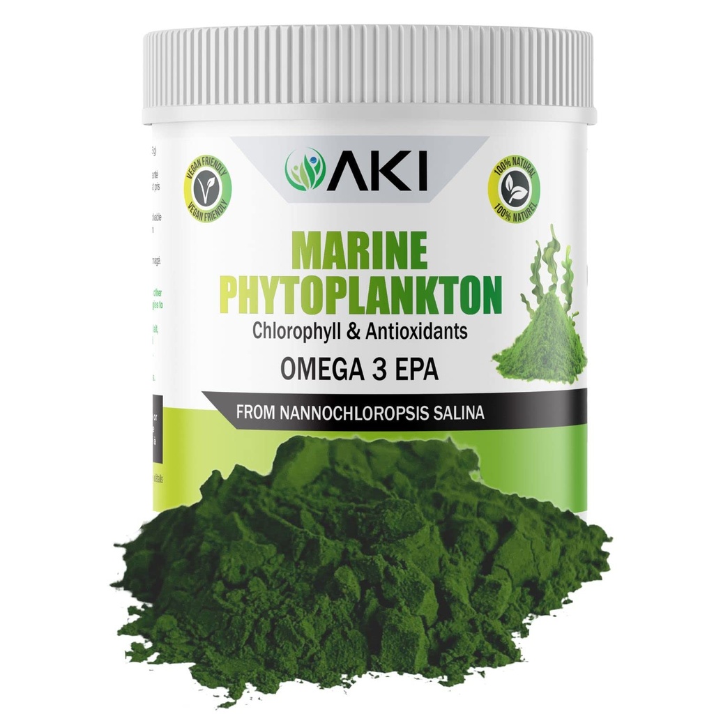 AKI Marine Phytoplankton pulver - Kilde til Raw Omega-3 EPA Micro Algae Nannoklorpsis - Plantebaserte proteiner, vitaminer for total velvære - Komplett Proteinkilde, Vegansk og GMO Gratis (2oz/57g)