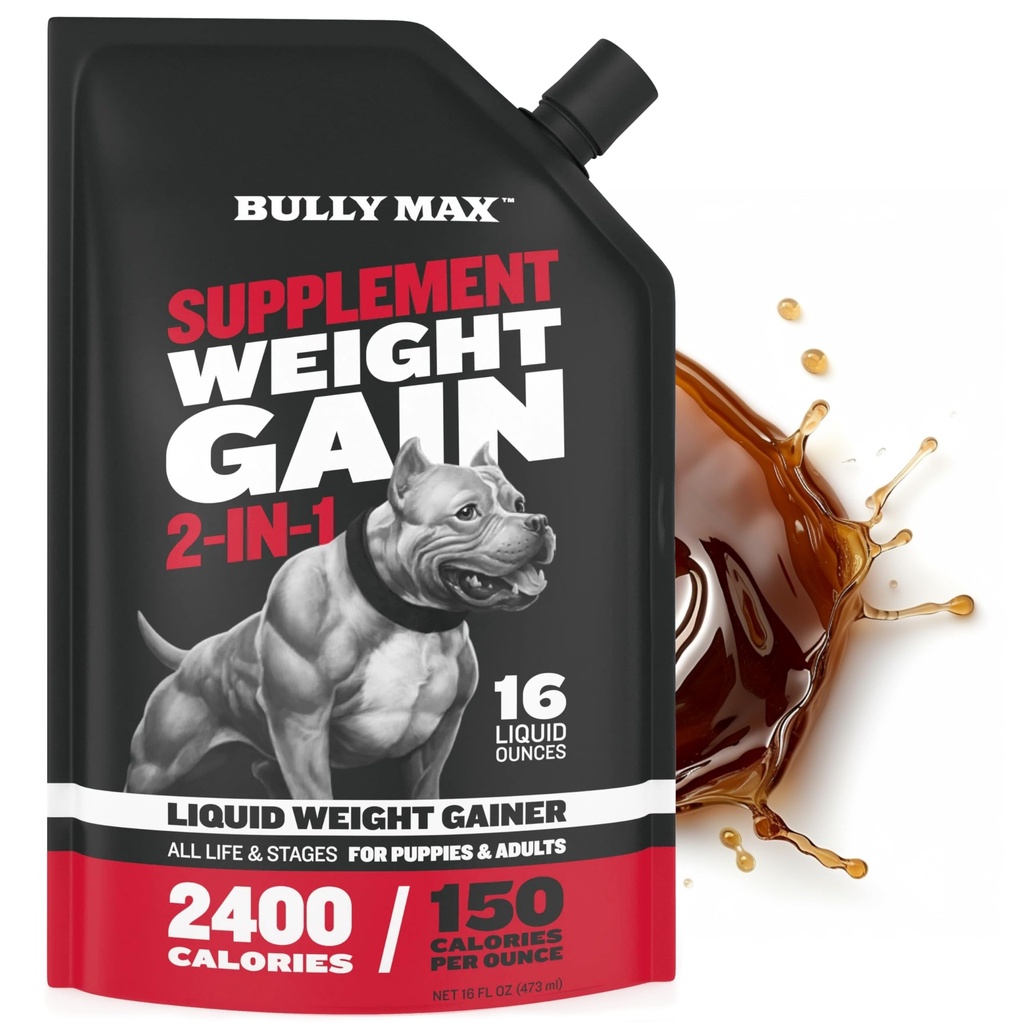 Bully Max flytende vekt gevinst for hunder – høy kalorie hund supplement med Omega-3 & Whey Protein – 2-i-1 multivitamin for sunn vekt gevinst – for valper og voksne hunder – 16 oz