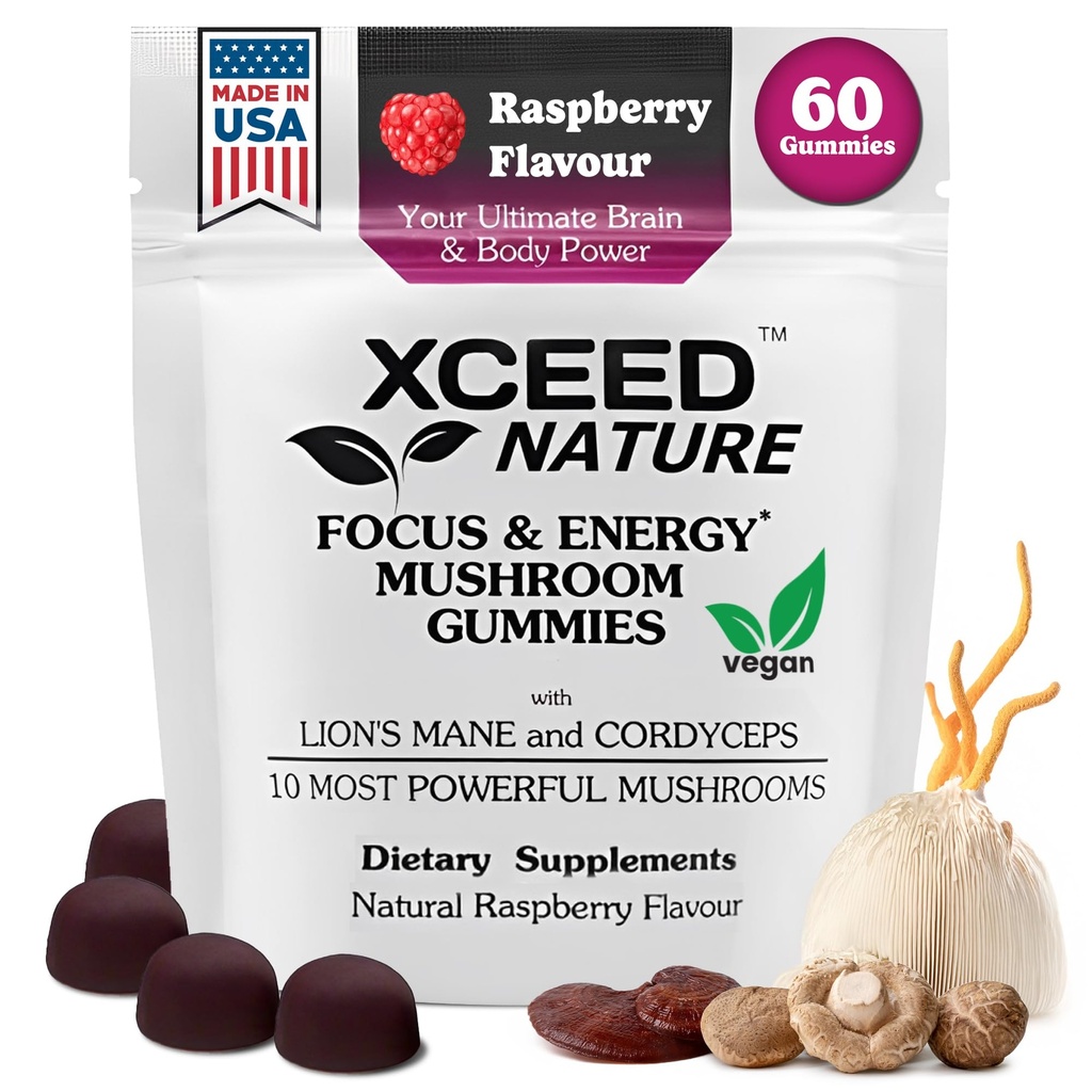 Lions Mane & Cordyceps Mushroom Gummies - 10in1 Supplement - for fokus, energi, humør, minne og klarhet - 60 stk