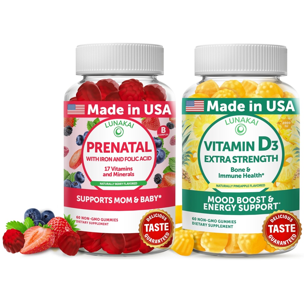 Lunakai Prenatal og vitamin D3 Gummies Bundle - Graviditet Multivitamin Gummy med jern og folsyre - Immunitet, Bone og Mood Support Supplement for voksne - 30 dagers forsyning