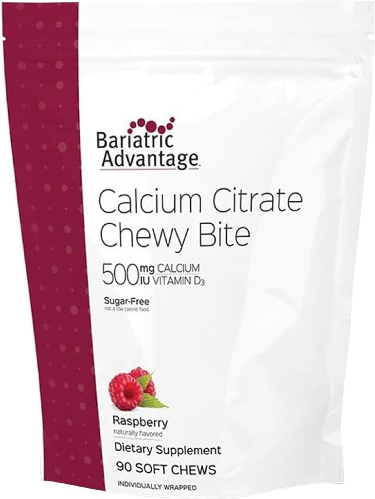 Bariatrisk fordeler kalsium Citrat Chewy Bites 500 mg - høy absorberbar & Digestible - vitamin D3 - lett Chewable Kalsium Supplement - bringebær Flavor - 90 greve