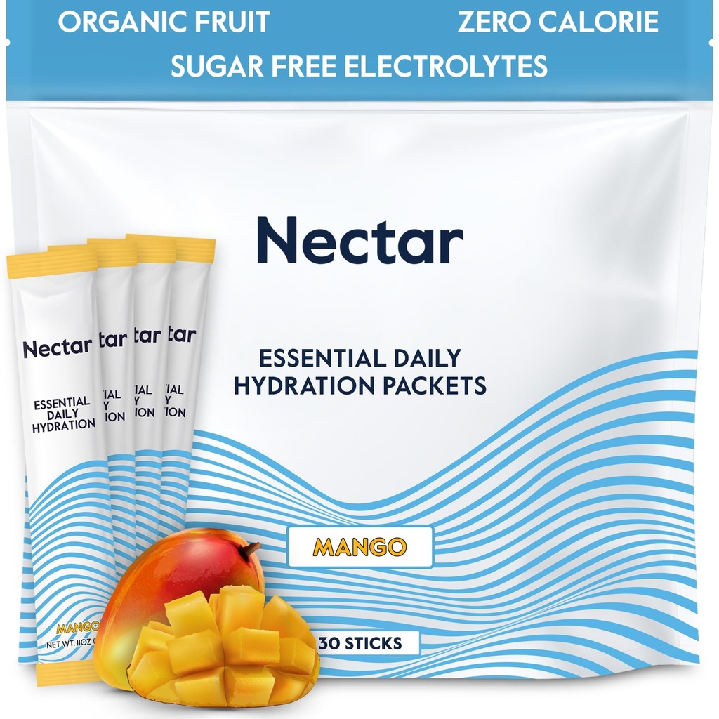 Nectar Hydration Packets - Elektrolysere pulver pakker - sukkerfri & 0 kalorie - organisk frukt flytende daglig IV elektrolytter pulver for dehydrering relief & rask hydrering (Mango 30 Pack)