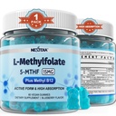 L-metylfolat 15mg & Metyl B12 Gummies, Metylert B1, B2, B6 Multivitaminer - Aktiv 5-MTHF & høy absorpsjon - Støtter MTHFR Gene, Kognisjon, Homocystein nivåer, Folatemetabolisme, Vegan, 60 Cts