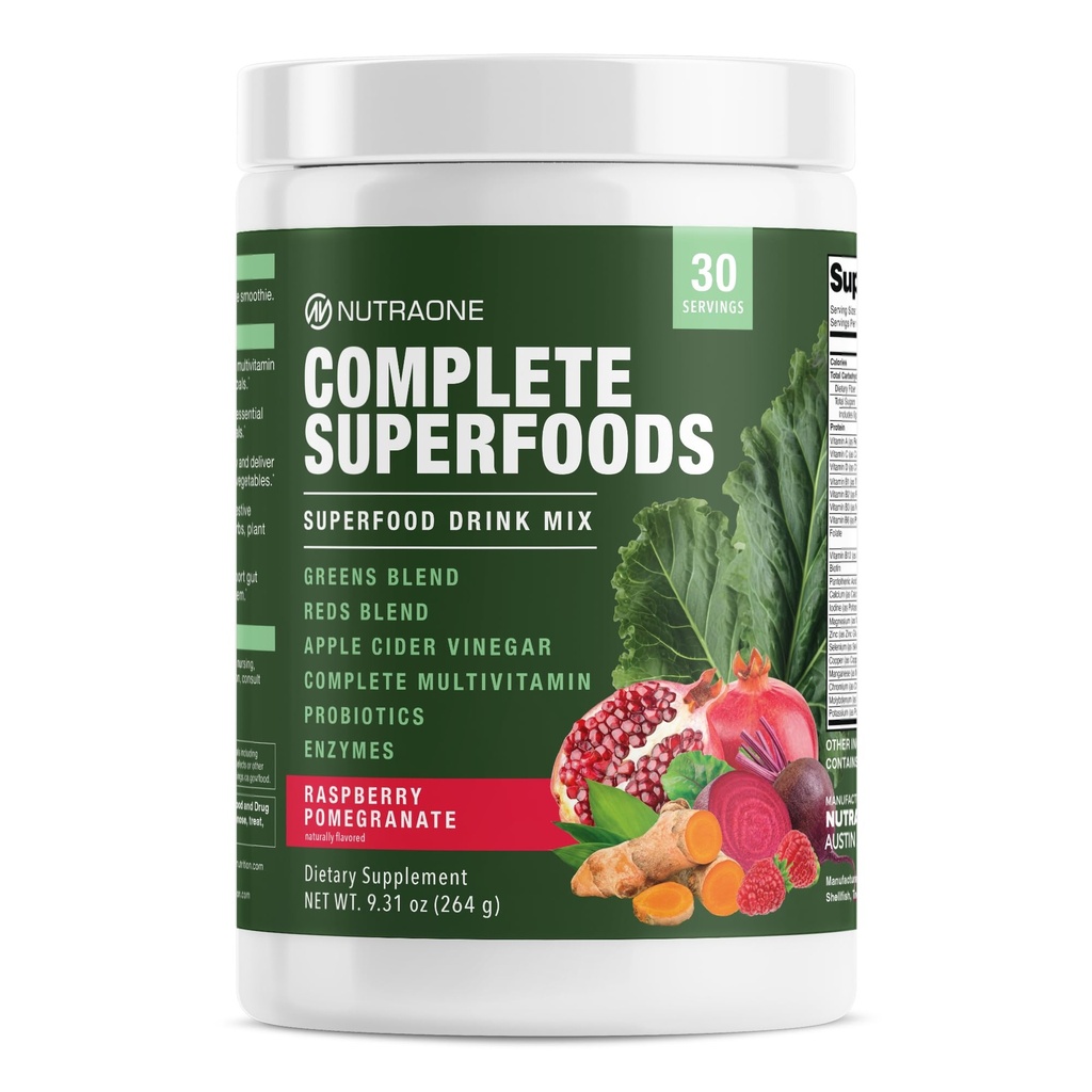 Complete Superfoods, Greens & Reds Blend*, Apple Cider Vinegar, Digestive Enzyme Blend*, Probiotic Blend*, Multivitamin* (Raspberry Pomegranate - 30 Serveringer)