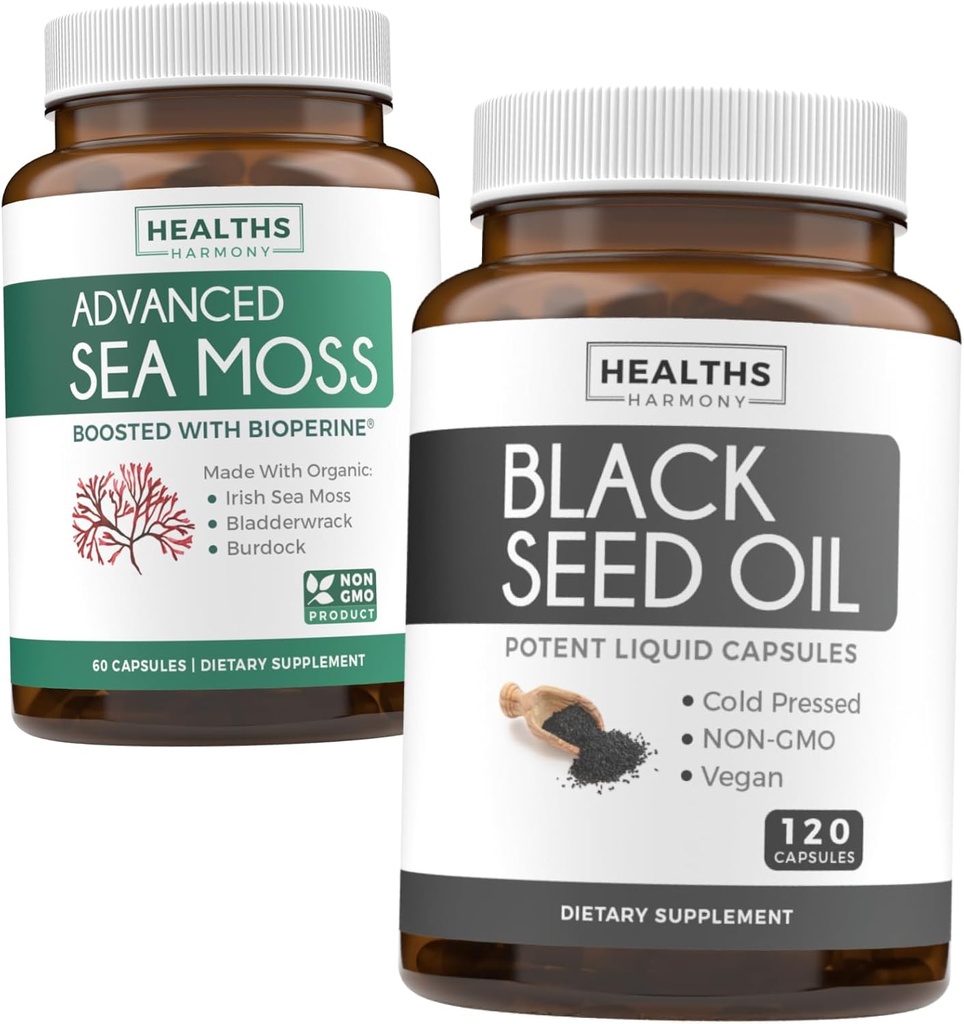 Svart frø og hav Moss (1-måneders forsyning) Nourishing Nature Bungle av svart frøolje 120 Softgel Capsules (Non-GMO & Vegan) Kaldpresset Nigella Sativa & Irish Sea Moss Capsules (Non-GMO & Organic)