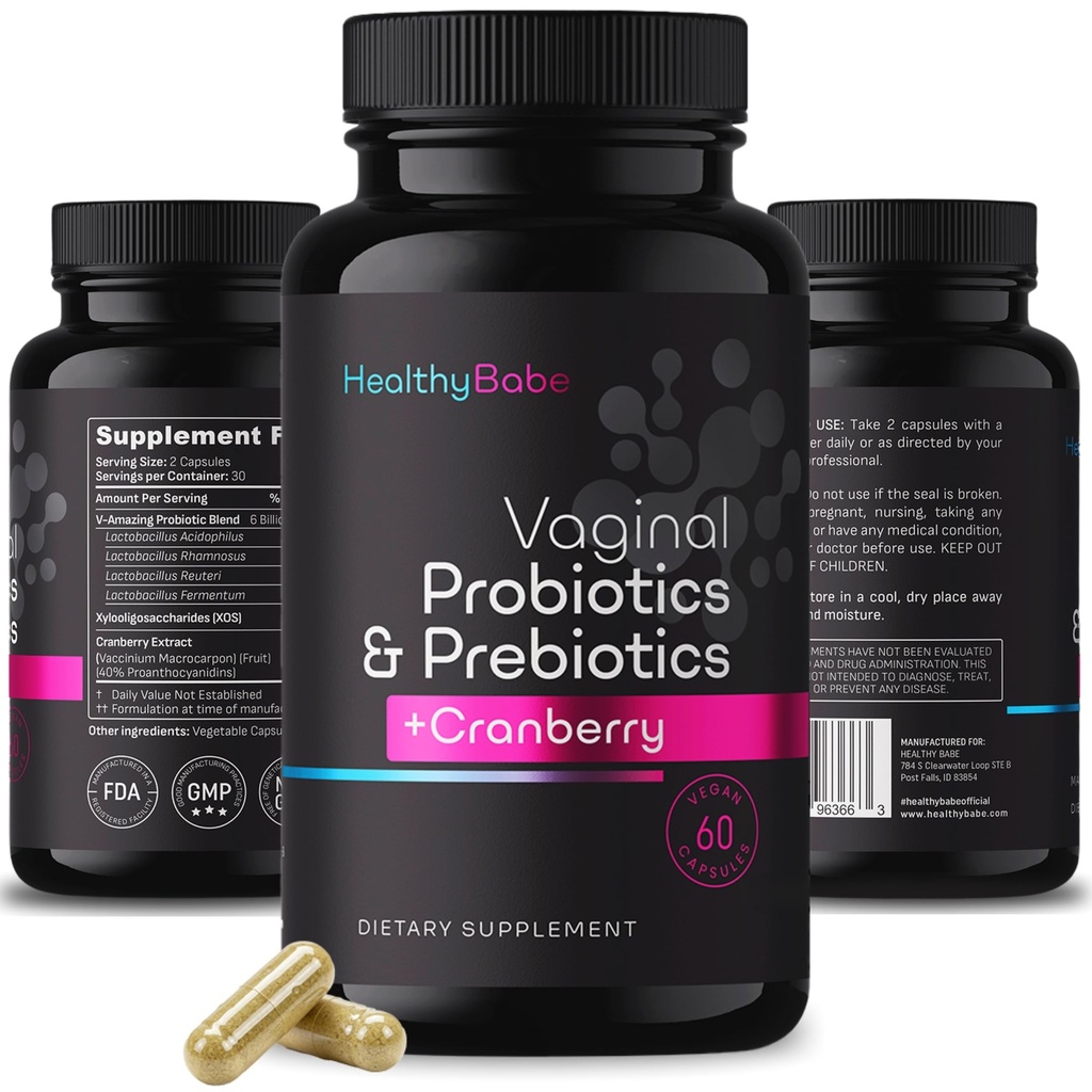Sunn Babe Vaginal Probiotika for kvinner + Prebiotika & Cranberry Piller, pH Balance, Sunn Odor, Yeast, Immunstøtte, Positiv mikrobiom Helse, Kvinners Acidophilus Probiotic, 60 Vegan Capsules