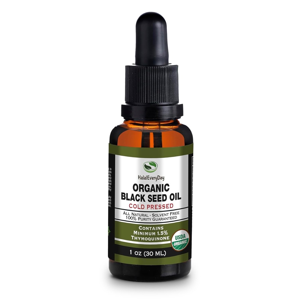 organisk svart frøolje - USDA sertifisert kald presset glassflaske over 1,5% Thymoquinon 3X styrke tyrkisk svart cumin Nigella Sativa ikke-GMO 100% ren svartfrøolje (1oz Glass Dropper flaske)