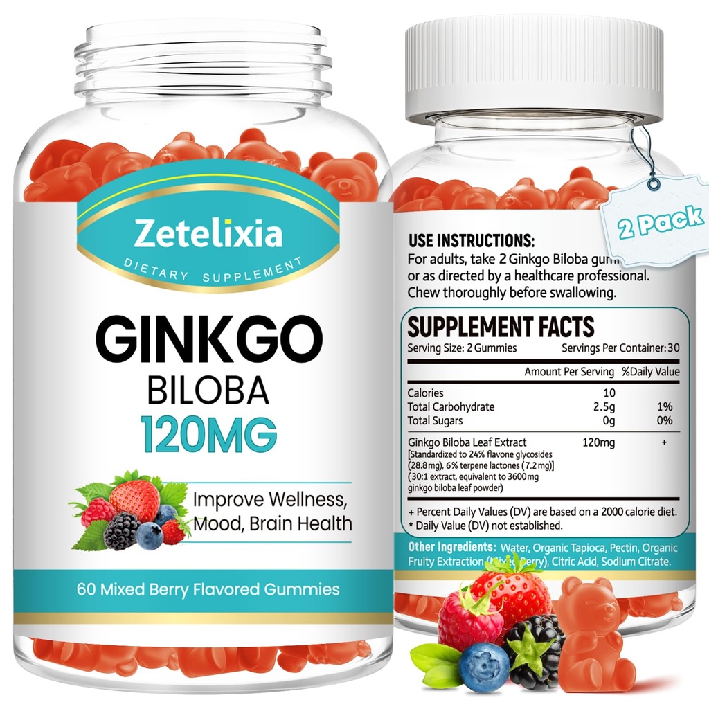 2 Pack Ginkgo Biloba Gummies for kvinner og menn, Brain Supplement Forbedre bedre humør og fokus, Vegansk blandet Berry Flavor 120 Count
