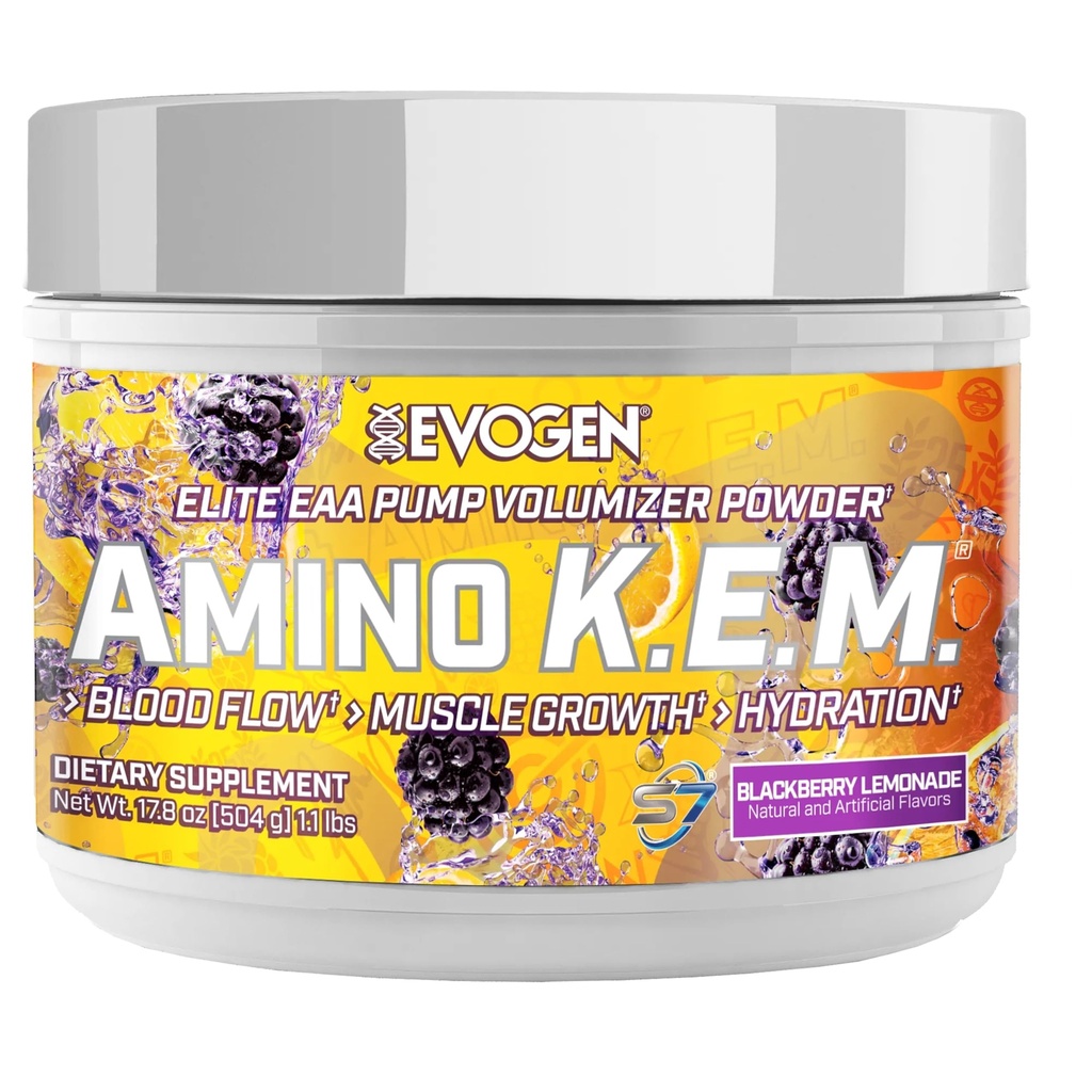 Evogen Amino K.E.M. - EAA & BCAA pulverpumpe Volumizer | BCAA Aminosyrer Supplement for blodflow, muskelvekst, & Hydration | BlackBerry Lemonade | 30