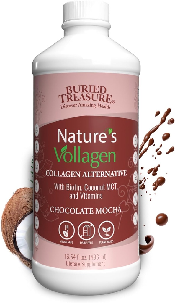 Begravet Treasure Nature Vollagen - 2000mg Vollagen Complex, Hud, Hår og Felles Helse, 100% Plant-basert, Glutenfri, Soya-fri, Dairy-Free, Sjokolade Mocha Flavor, 16oz Flytende