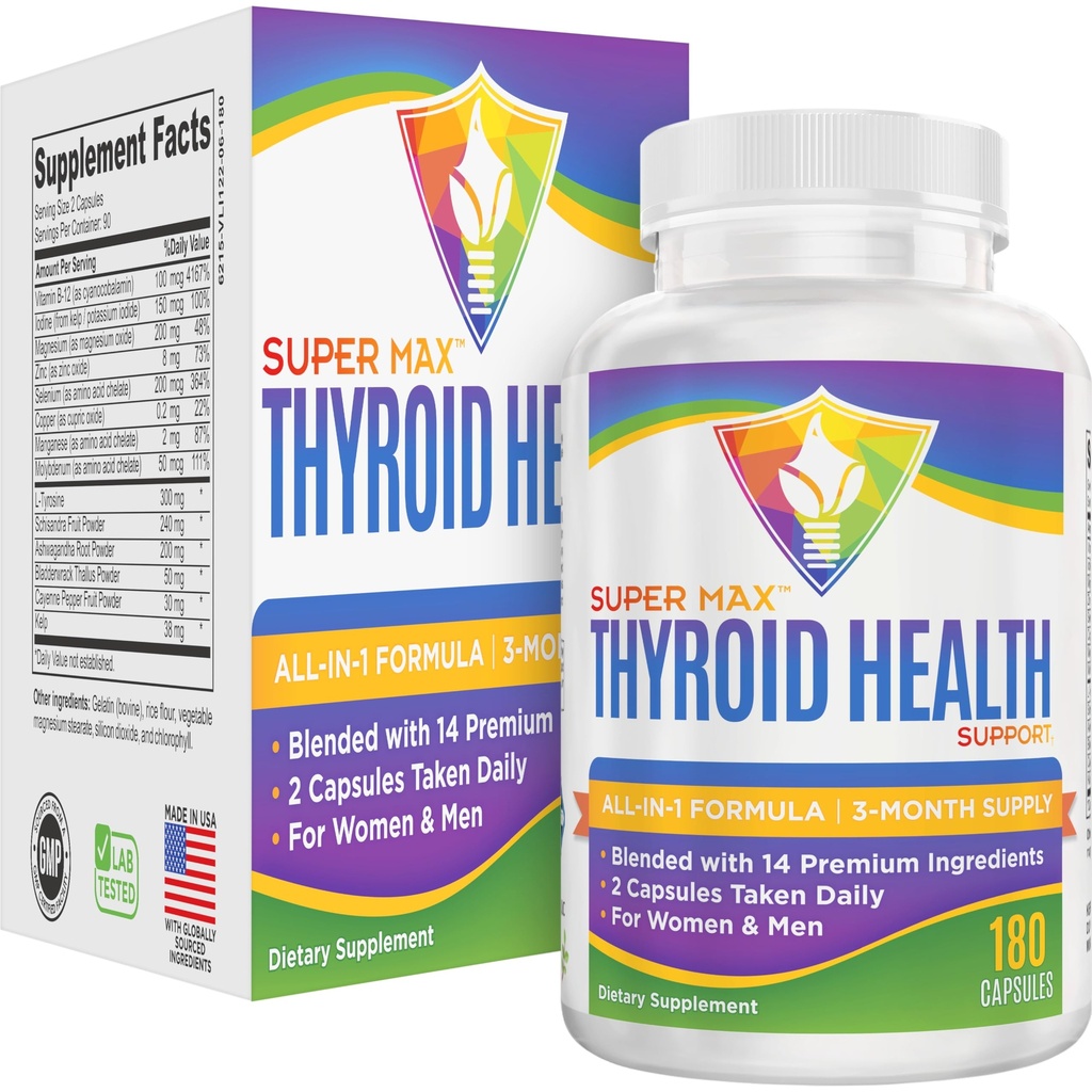 3-måneders Thyroid støtte Supplement (All-in-1) Formula med 14 aktive ingredienser | Thyroid kosttilskudd | Thyroid helsekompleks | Thyroid støtte for kvinner og menn | 90-dagers bulkforsyning | 180 kapsler