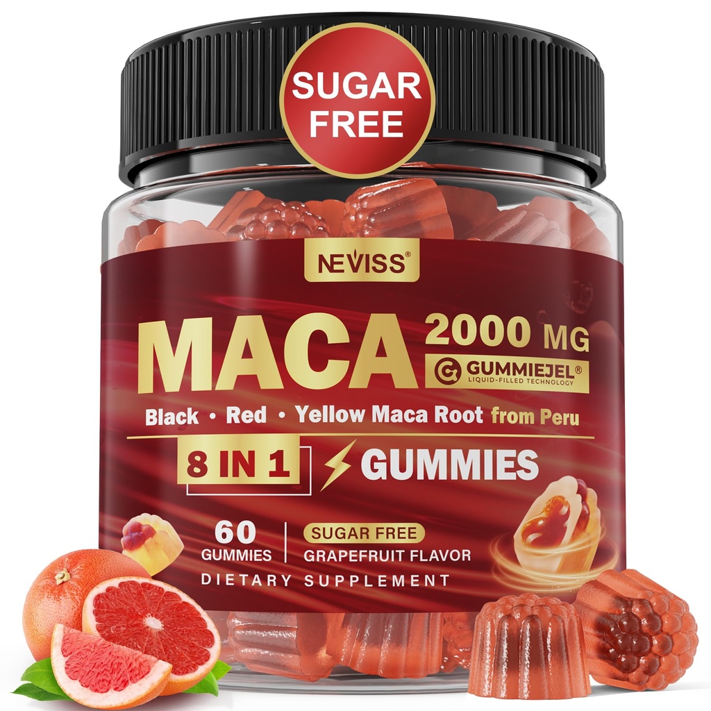 Maca rot fylte gummier 2000mg for kvinner menn | sukker gratis | organisk svart, rød, gul Maca rot Supplement Gummy Chews med Ashwagandha Ginseng & sink | Vegansk, ikke-GMO, Grapefrukt flavor, 60 greve