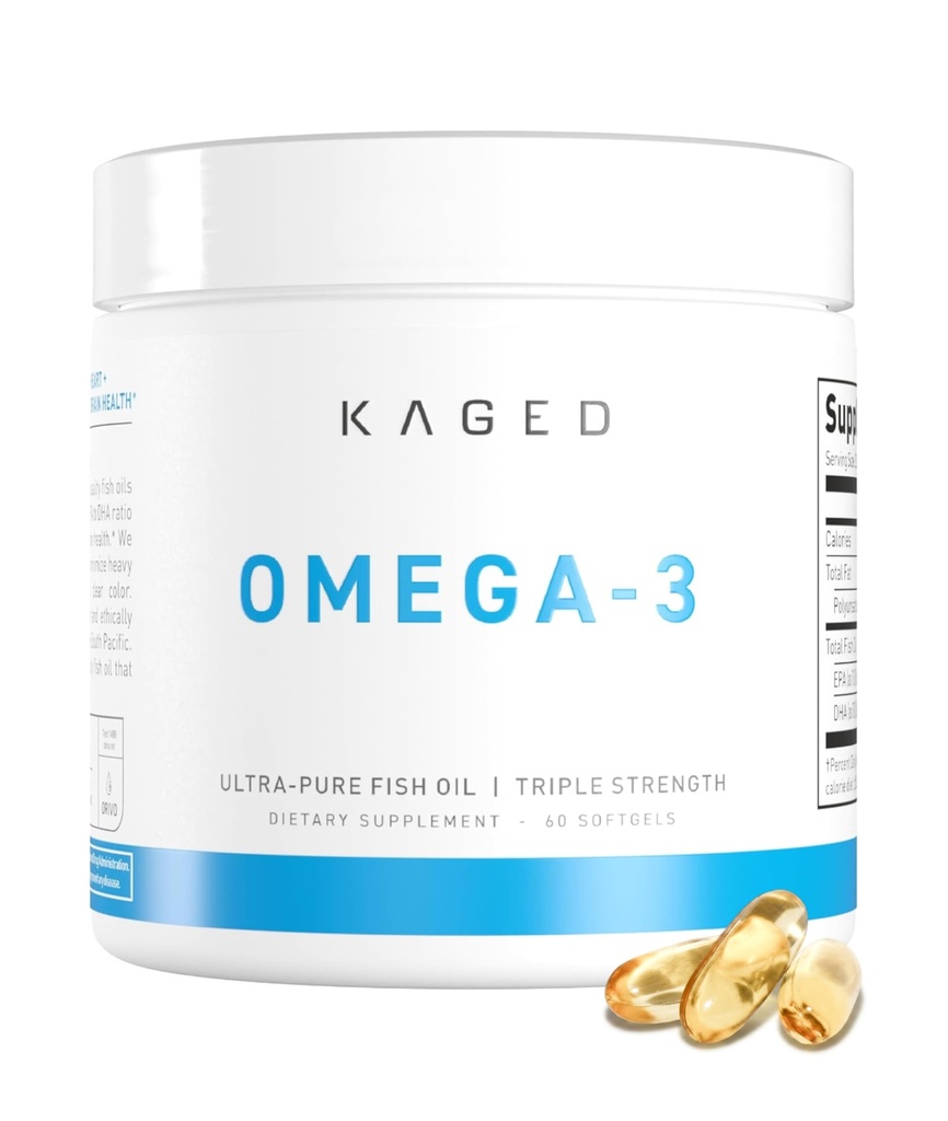 Kaaged Omega 3 Fish Oil Supplement, 3000 mg Omega 3 fettsyre med EPA & DHA, Ultra-Pure, Ingen fisk Burps, 60 piller