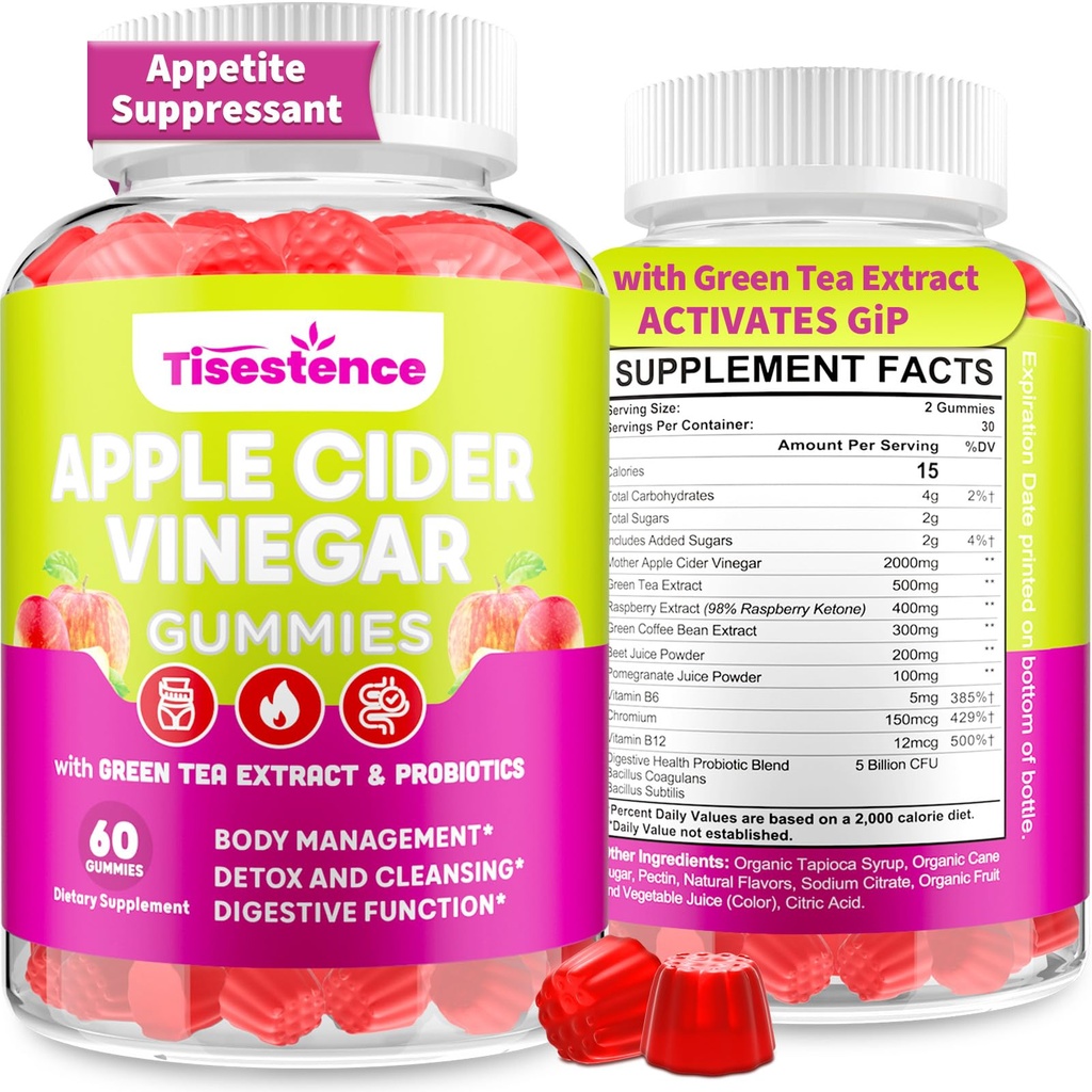 Appetitt Supplerende Supplerende Supplerende Supplerende Støtter GLP-1 funksjon | Apple Cider Vinegar Gummier med grønn te ekstrakt, Probiotika for fettforbrenner, Detox Cleanse, Metabolisme, Energi & Digestive Helse, 60 Gummies