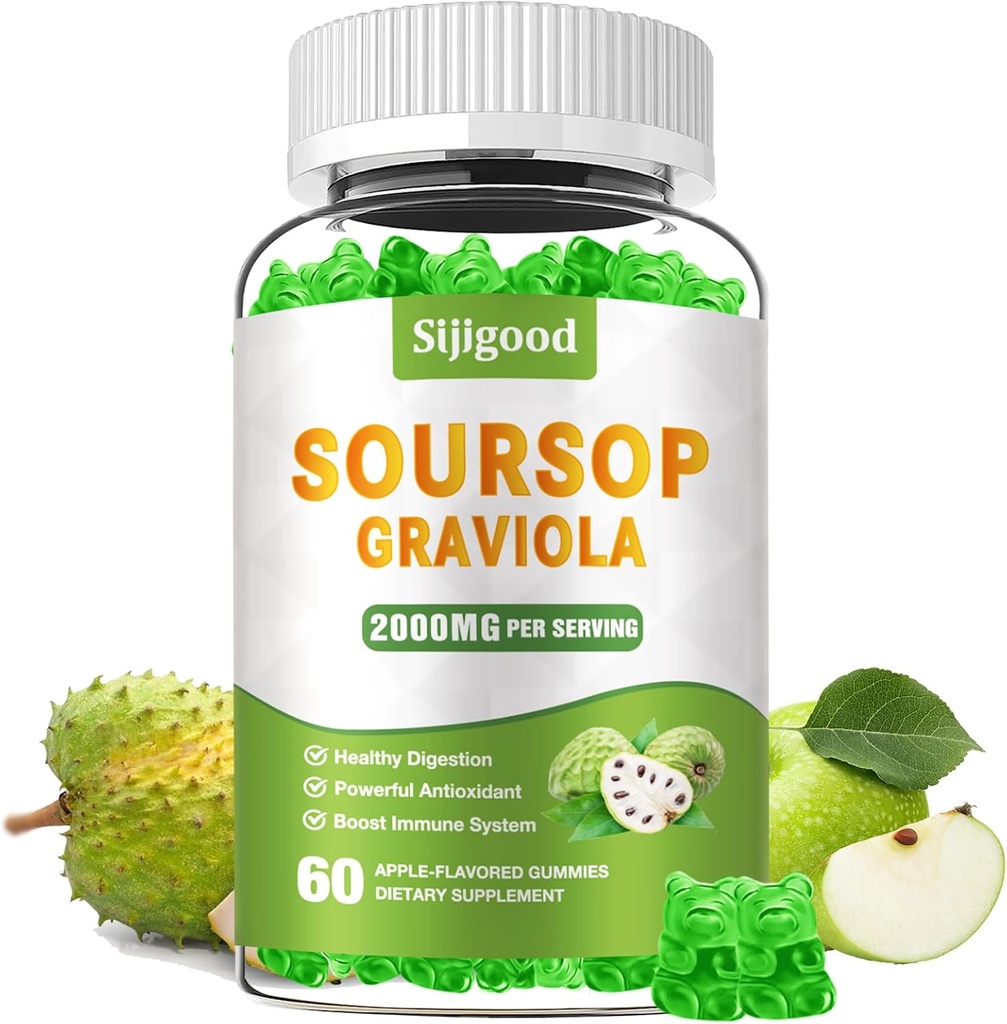 Sukkerfri Soursop Graviola Gummies - Organisk Soursop blader og frukt ekstrakt - Digestiv hjelp, immun støtte og antioksidant egenskaper - 60 Apple Flavored Gummies
