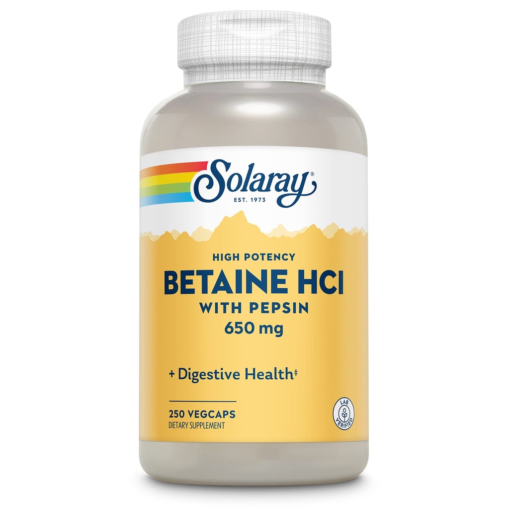 Solaray høy styrke Betain HCL med pepsin - Hydroklorid Supplement for digestiv helse - med Betaine hydroklorid og Digestive Enzymer - Gut helsestøtte - 60-dagers garanti, 250 VegCaps