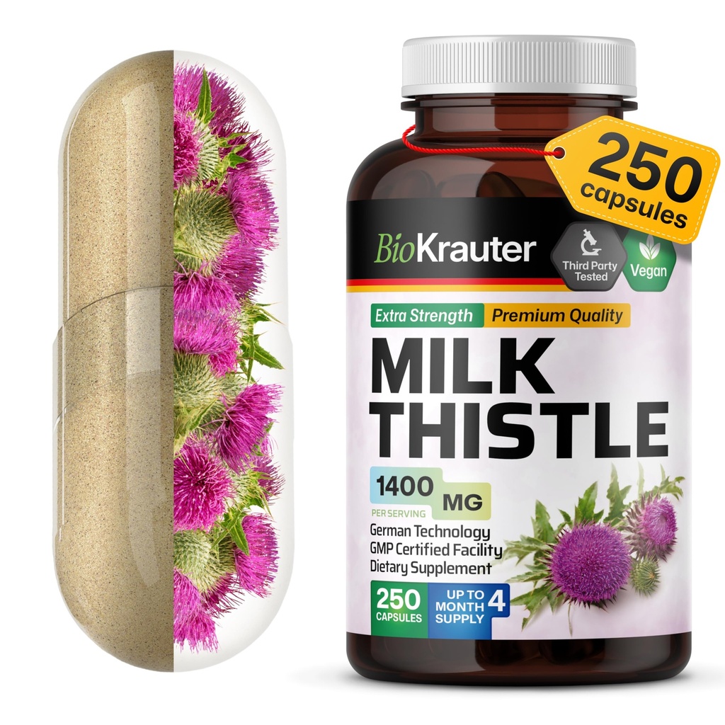 BIO KRAUTER® Melke Thistle Supplement for Liver Cleanse & Detox - ren vegansk melk Thistle Extract 1400 mg per servering Сontains Silymarin - 250 kapsler, 125 dagers forsyning, ikke-GMO