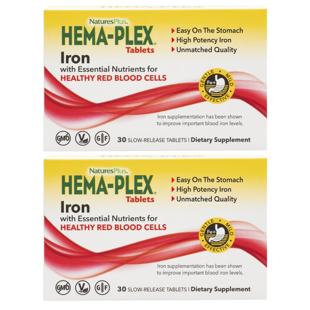 NaturesPlus Hema-Plex jern - 30 sakte-engine tabletter, pakke med 2 - Total blodhelse - 85 mg Chelated jern - med vitamin C & Bioflavonoider - Ikke GMO, vegetarisk & glutenfri - 60 Total Services