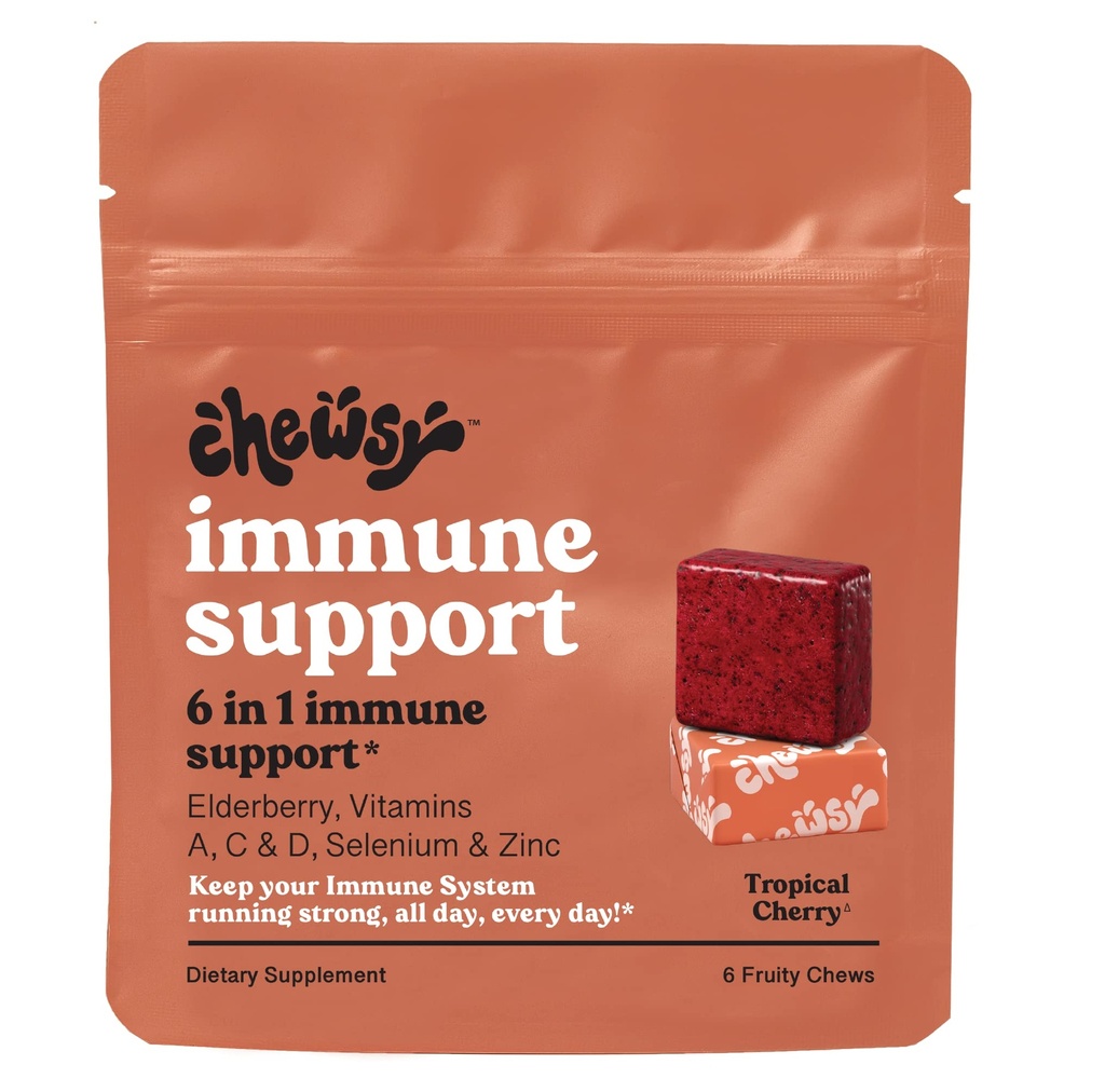 Chewsy - 6-i-1 immun støtte Fruity Chews med eldrebær - Vitamin C, A og D, sink og selen - Individuelt omgitt - 6-dagers forsyning